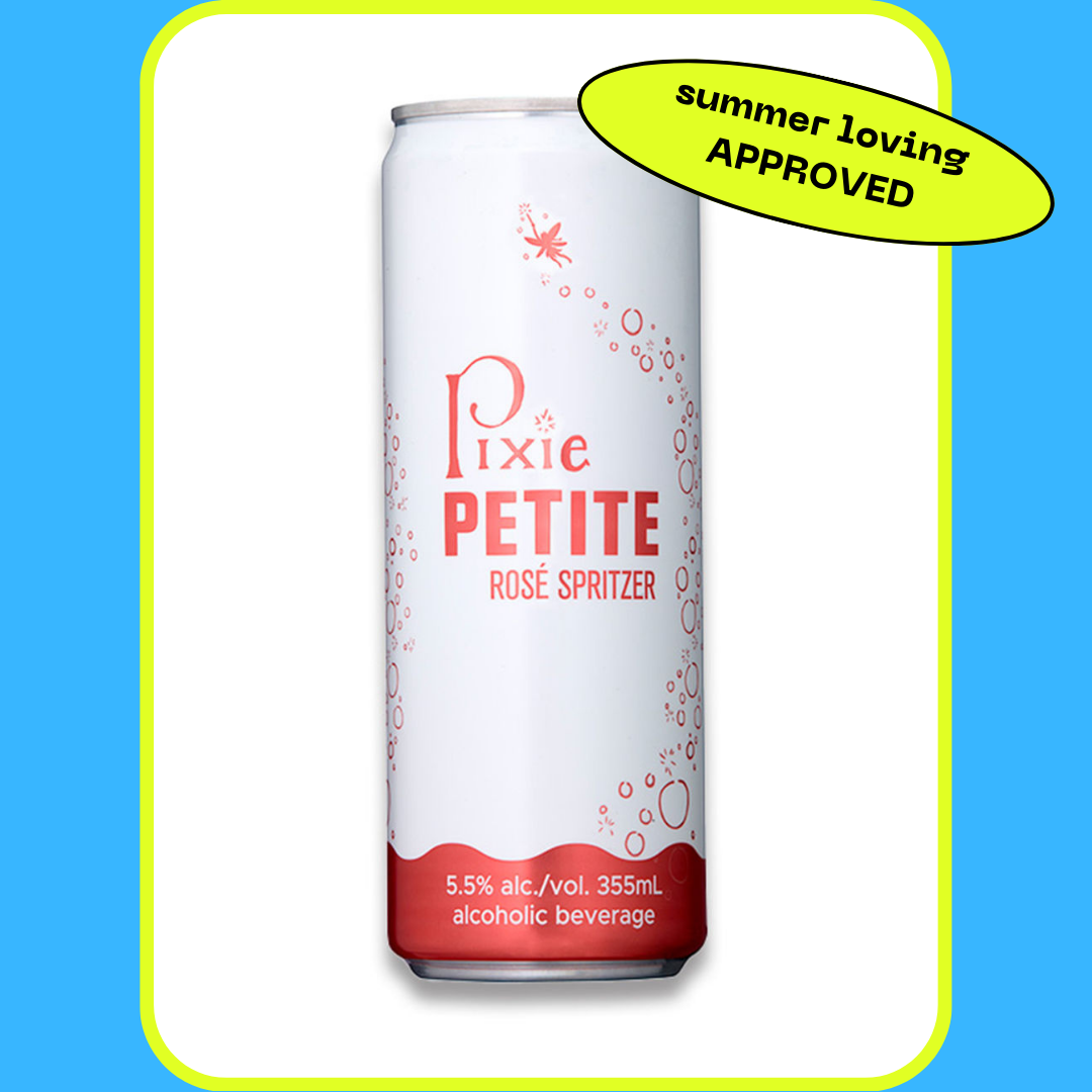A can of Pixie Petite Rosé Spritzer with the label "summer loving APPROVED" in a yellow oval at the top right corner