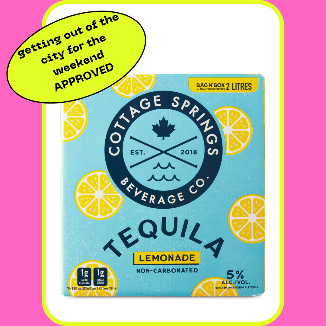 Cottage Springs Beverage Co. Tequila Lemonade 2L box with "getting out of the city for the weekend APPROVED" text in a yellow speech bubble