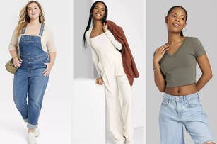 Three models showcasing different outfits: a sleeveless dress, denim overalls with a top, and a pant suit with a coat