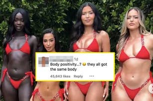 Four women in red swimsuits stand in front of a leafy background. A highlighted comment overlaid reads, "Body positivity...? ? they all got the same body," with 45,643 likes