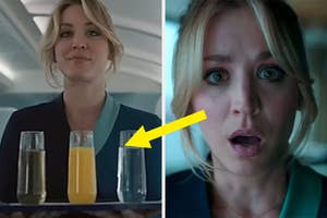 A flight attendant, played by Kaley Cuoco, holding a tray with three beverages (orange juice, water, and champagne) looks surprised in a close-up shot