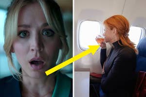 On the left, a woman with blonde hair and a surprised expression. On the right, a red-haired woman drinks from a cup while looking out of an airplane window