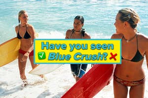 Kate Bosworth, Michelle Rodriguez, and Sanoe Lake in bikinis with surfboards walking from ocean with text "Have you seen Blue Crush?"