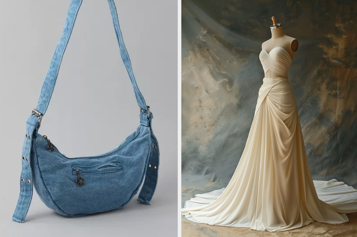 A blue shoulder bag and a strapless white wedding gown on a mannequin