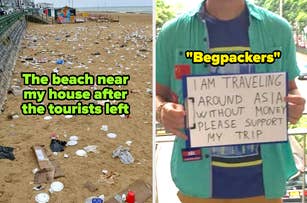 Two images: Left shows a littered beach post-tourists. Right shows a person holding a sign reading "I am traveling around Asia without money, please support my trip", labeled "Begpackers"