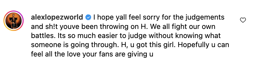 Instagram post by user alexlopezworld showing support for H, addressing judgments and offering encouragement