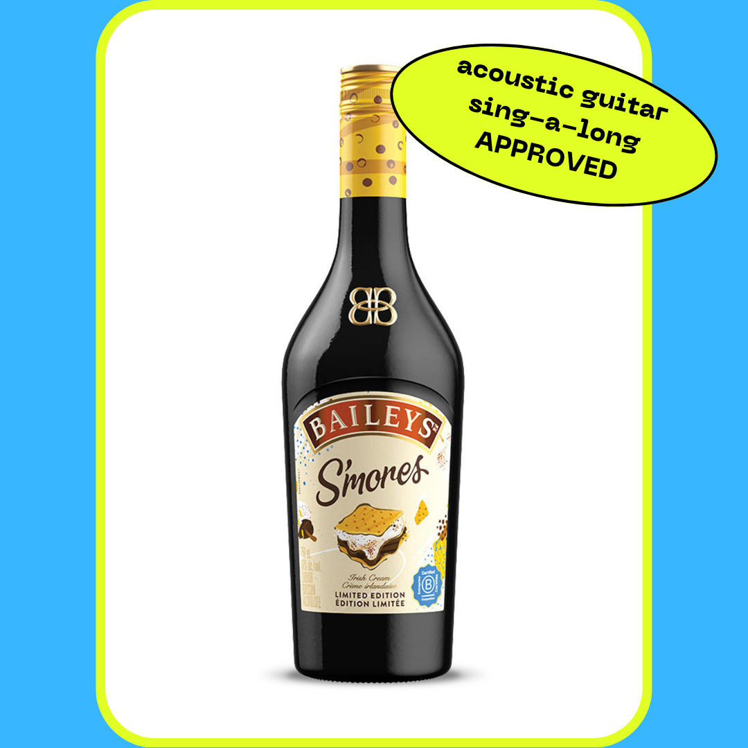 Bottle of Baileys S'mores on a white background with a yellow border. A green oval label reads: "acoustic guitar sing-a-long APPROVED."