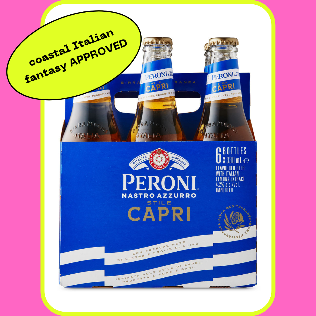 Six-pack of Peroni Nastro Azzurro Stile Capri bottles. Top left yellow oval text reads: "coastal Italian fantasy APPROVED". Article category: Advertiser