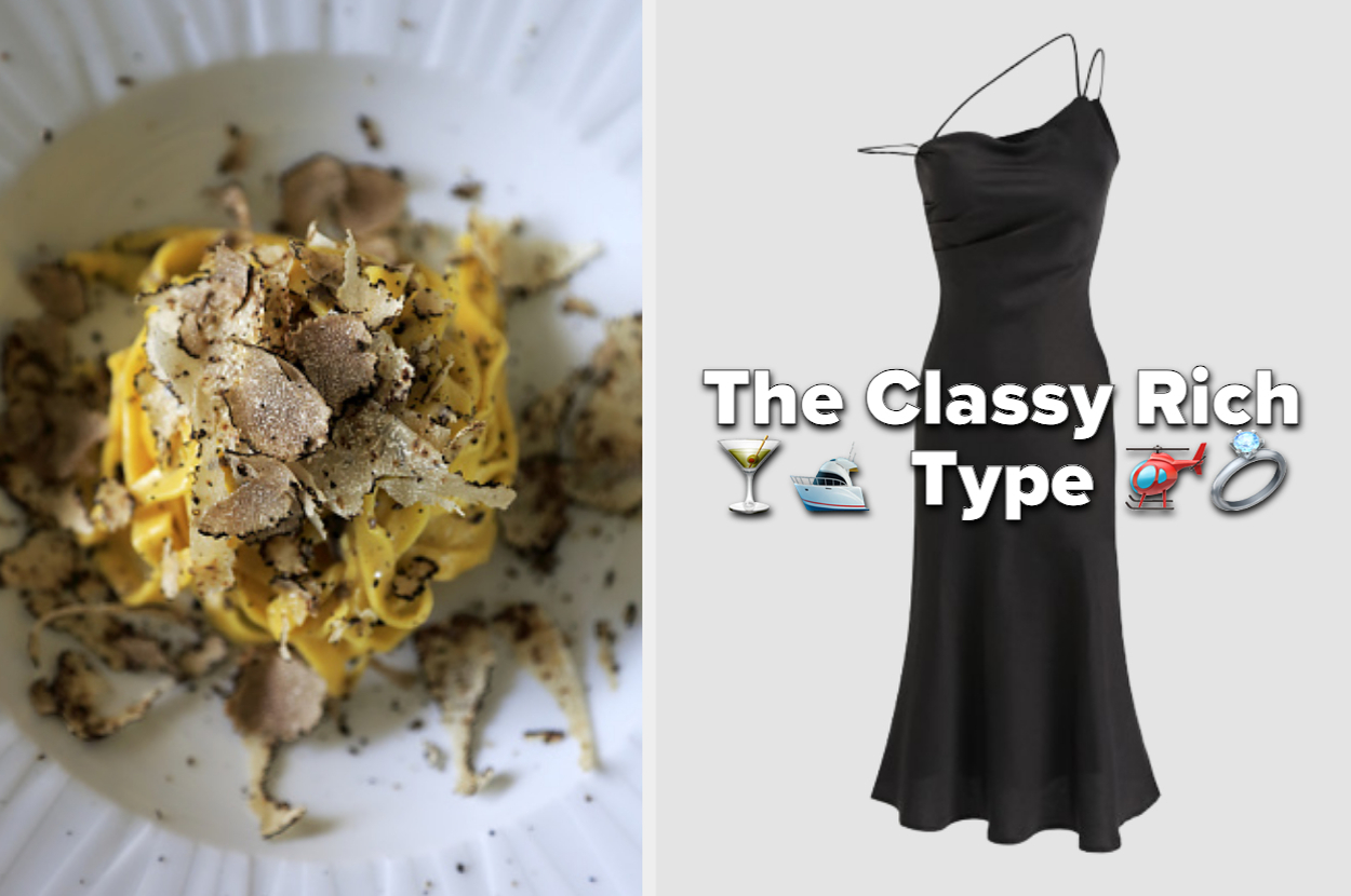 Plate of pasta topped with shaved truffles beside a black evening dress. Text reads: "The Classy Rich Type" with various emojis