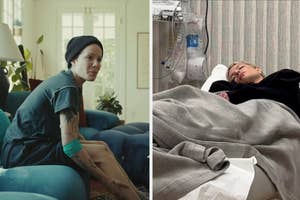 Halsey sitting on a couch wearing a beanie and casual clothes on the left; Halsey lying in a hospital bed with an IV on the right