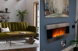 Left: a convertible green velvet sofa. Right: an electric fireplace on wall