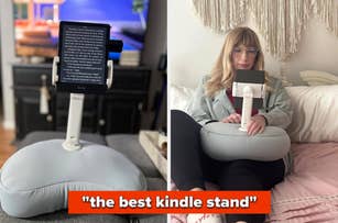 Split image of a Kindle stand in use on a couch and a bed. A person reads from a Kindle on the stand in both scenarios. Text reads: "the best kindle stand."