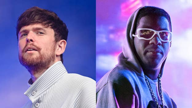James Blake in a high-collared shirt and Metro Boomin in a hoodie with large glasses at an event