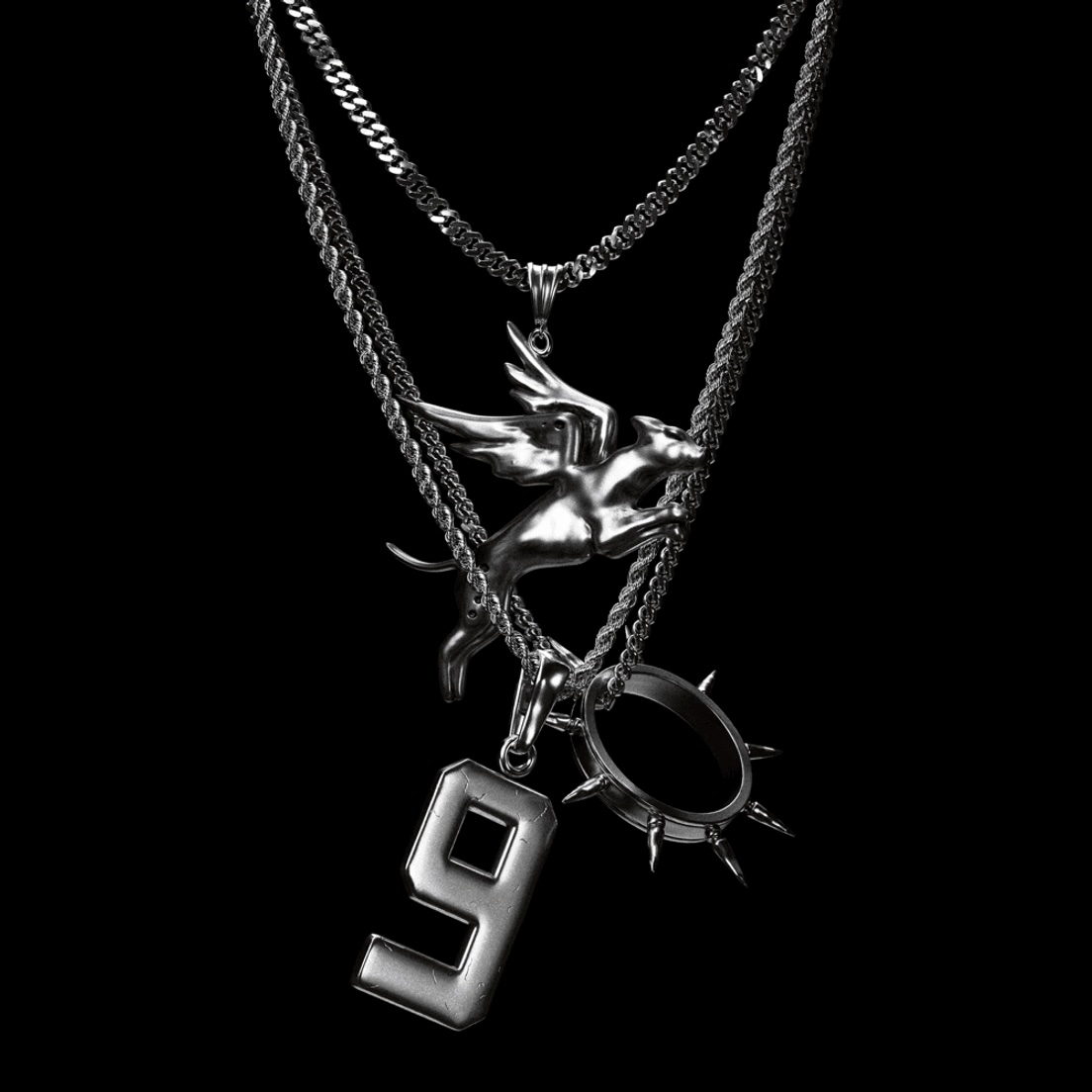 A collection of silver chains on a black background, featuring a winged horse, the number 9, and a ring with spikes
