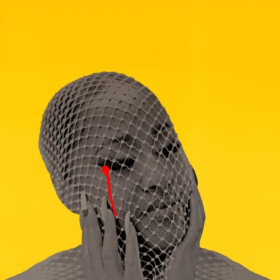 A person is shown in grayscale, holding their face with both hands, and covered by a net-like material. A single red tear is drawn on the left cheek