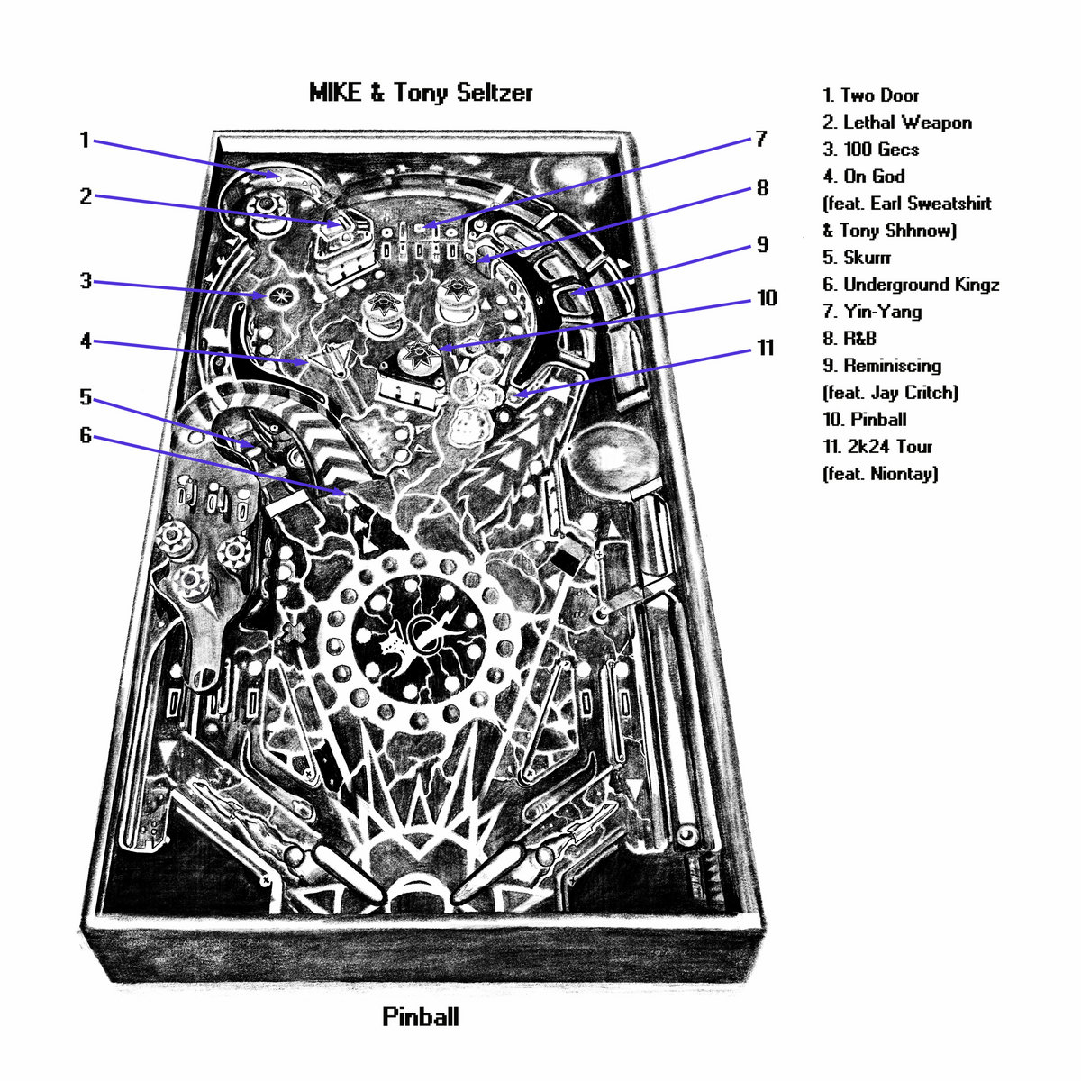 Illustration of a pinball machine with the tracklist of &quot;Pinball&quot; by MIKE &amp; Tony Seltzer, featuring 11 songs including collaborations with Earl Sweatshirt and Jay Critch