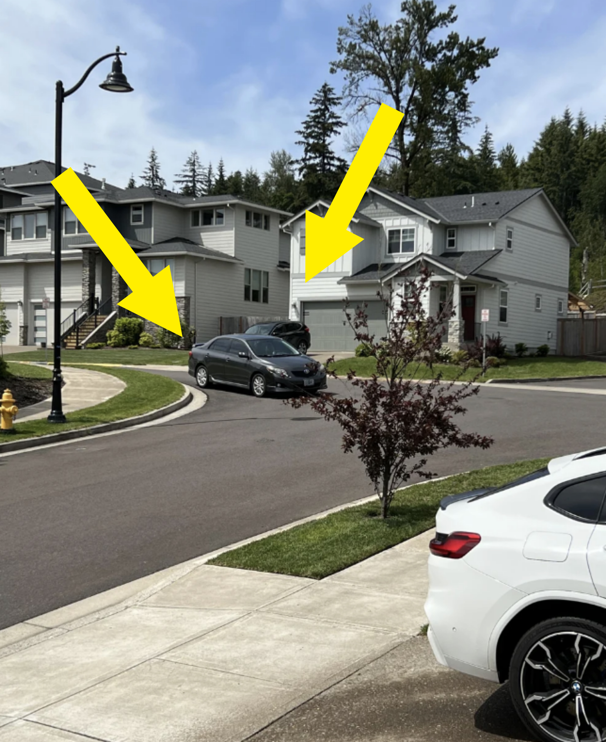 A quiet suburban street with several two-story houses, a black car parked with its trunk open, and a white car visible in the foreground