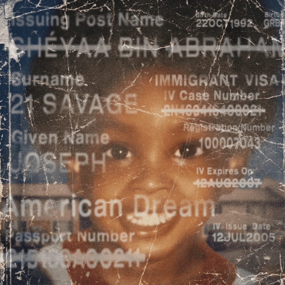 Young 21 Savage smiling with text over the image mentioning &quot;IMMIGRANT VISA,&quot; &quot;American Dream,&quot; and &quot;JOSEPH,&quot; reflecting themes of immigration and identity