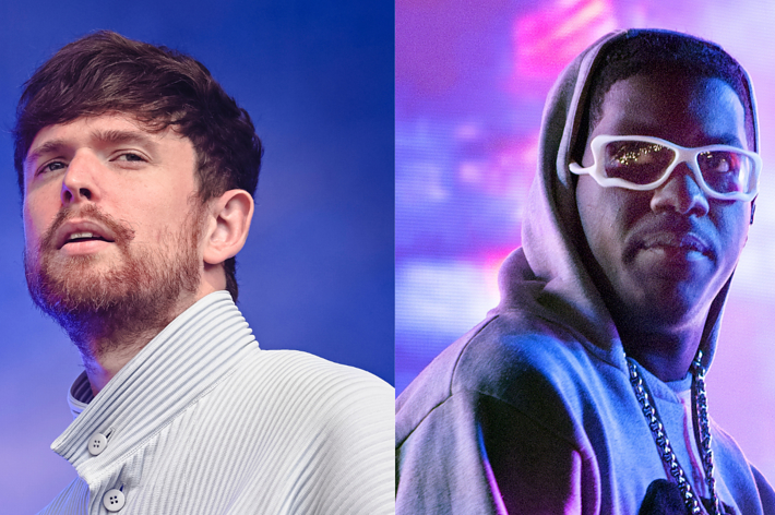 James Blake in a textured high-collar shirt, next to Lil Yachty wearing a hoodie, white-framed glasses, and a chain
