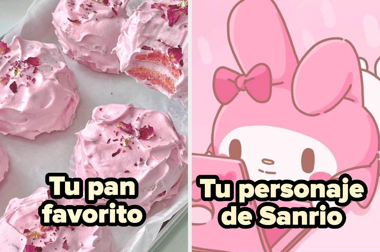 A la izquierda, macarons de fresa cubiertos con crema, a la derecha, My Melody de Sanrio mirando su teléfono. Texto: "Tu pan favorito. Tu personaje de Sanrio"