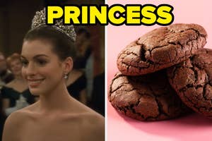 Anne Hathaway from "The Princess Diaries" smiling in a tiara, next to three chocolate cookies on a pink background. Text: "PRINCESS"