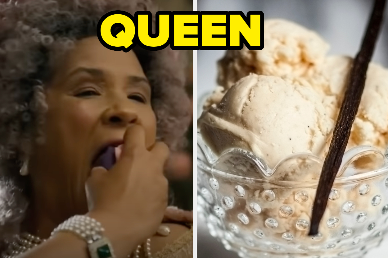 Woman being fed grapes wearing pearl jewelry; bowl of three ice cream scoops with vanilla bean pod. Text says "QUEEN."