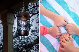 Left: a hanging bug zapper. Right: children wearing bug bite relief patches on their hands