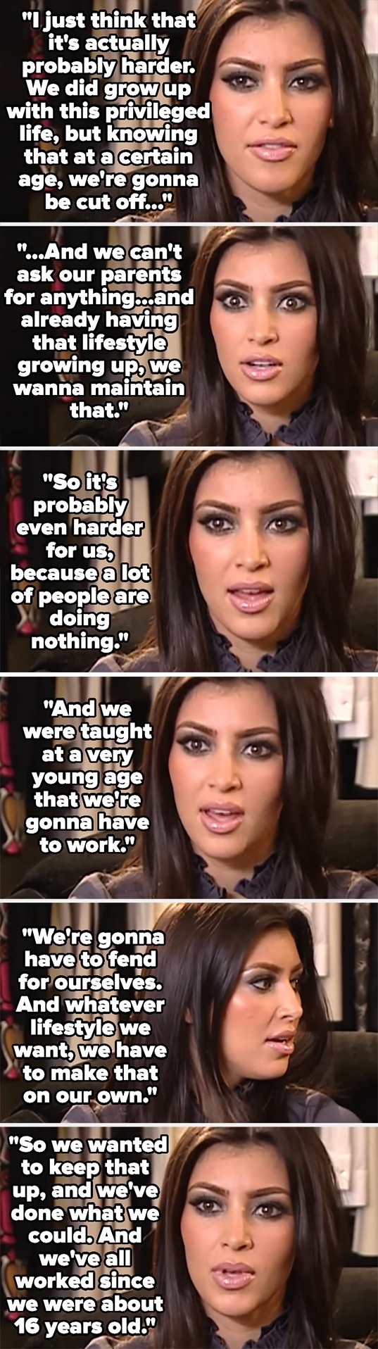 Kim Kardashian discusses how having affluent parents motivated her and her siblings to work hard and not rely on their wealth