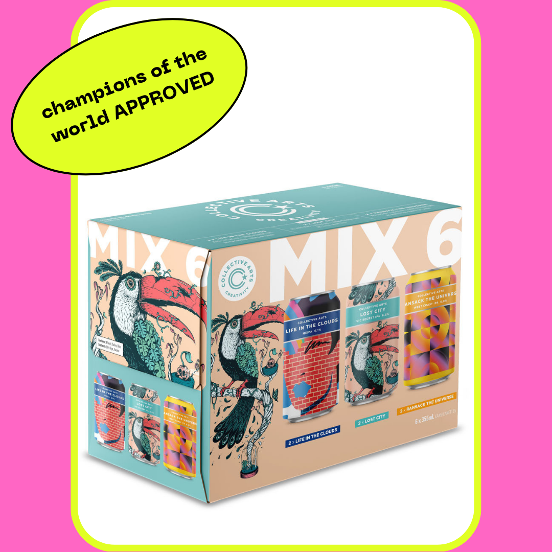 A beverage box featuring the text "champions of the world APPROVED" in a yellow burst. The box displays various drinks with illustrations of toucans