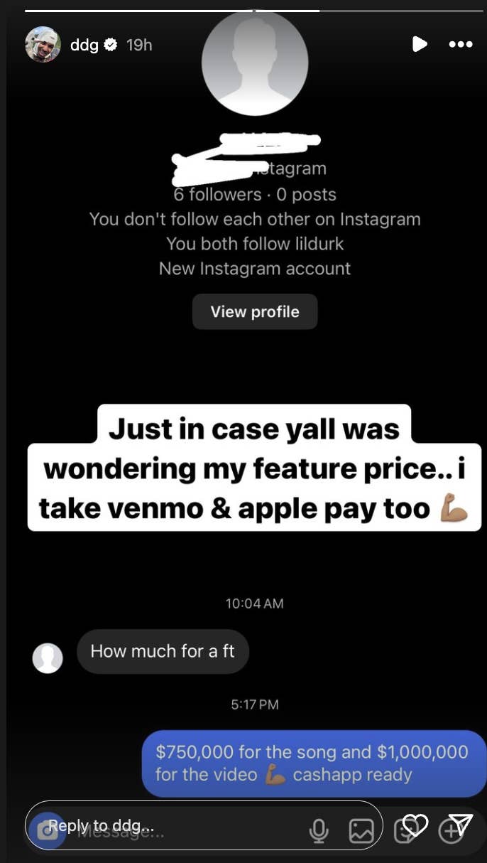 Screenshot of rapper DDG&#x27;s Instagram story mentioning music feature prices: $750,000 for song feature, $1,000,000 for video feature. Accepts Venmo, Apple Pay, CashApp