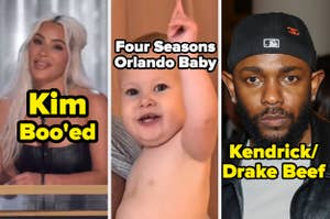 Kim Kardashian, a baby raising one finger, and Kendrick Lamar wearing a cap. The image headlines discuss Kim being booed, Four Seasons baby, and Kendrick/Drake beef