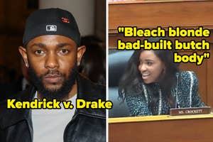 Kendrick Lamar in a cap and jacket, next to a photo of Jasmine Crockett in a hearing with the text "Bleach blonde bad-built butch body." Text over Kendrick reads "Kendrick v. Drake."