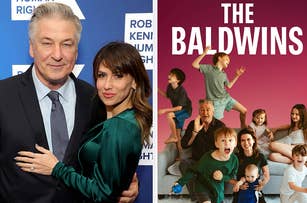 Alec Baldwin and Hilaria Baldwin pose at an event; alongside, an image of Alec and Hilaria Baldwin with their seven children, titled "THE BALDWINS."