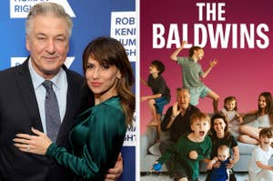 Alec Baldwin and Hilaria Baldwin pose at an event; alongside, an image of Alec and Hilaria Baldwin with their seven children, titled "THE BALDWINS."