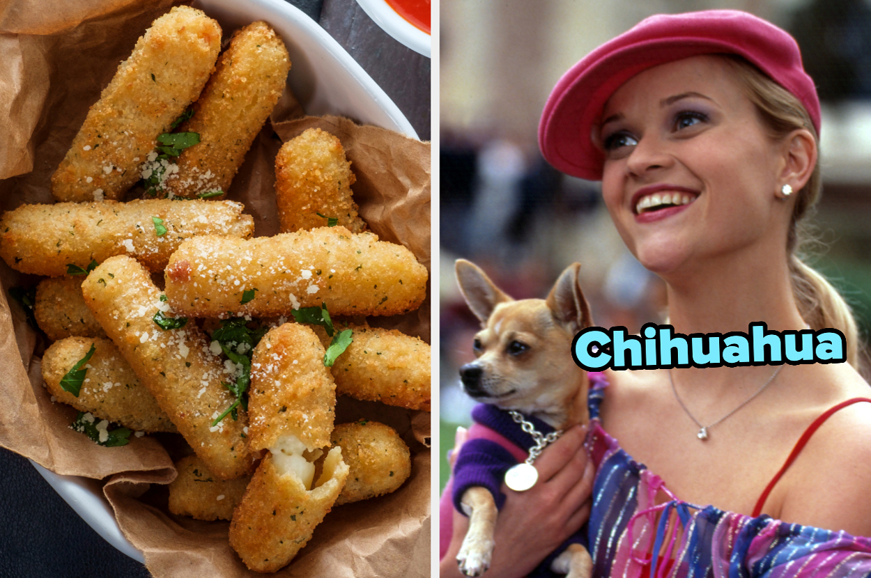 On the left, mozzarella sticks, and on the right, Elle Woods holding Bruiser labeled Chihuahua