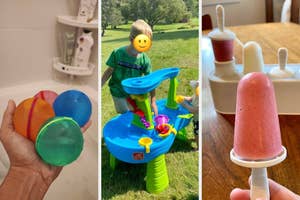 Child on beach with toy; homemade popsicles in mold and held. Ideal for family fun articles about DIY snacks