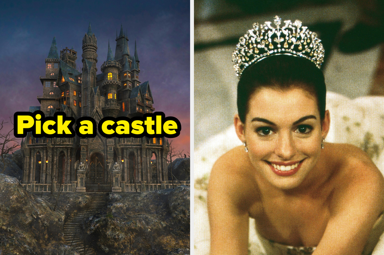 Left: An eerie castle with many towers during twilight. Right: Anne Hathaway smiling, wearing a jeweled tiara. Overlaid text: "Pick a castle."