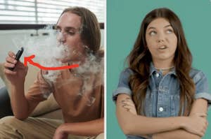 A man exhales vapor from an e-cigarette next to a woman with tattoos crossing her arms, looking to the side