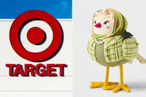 Target store logo on the left. A quirky bird figure wearing a green tweed jacket and a headscarf on the right