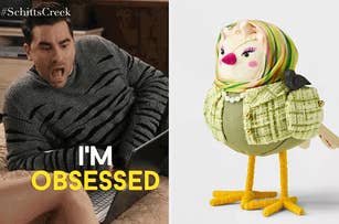 Dan Levy, wearing a striped sweater, appears excited with an "I'm OBSESSED" caption beside a stylishly dressed bird figurine with a headscarf. #SchittsCreek