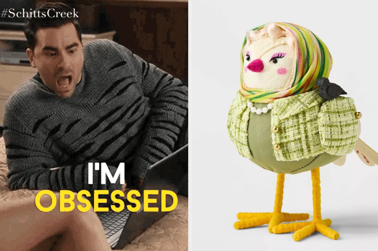 Dan Levy, wearing a striped sweater, appears excited with an "I'm OBSESSED" caption beside a stylishly dressed bird figurine with a headscarf. #SchittsCreek
