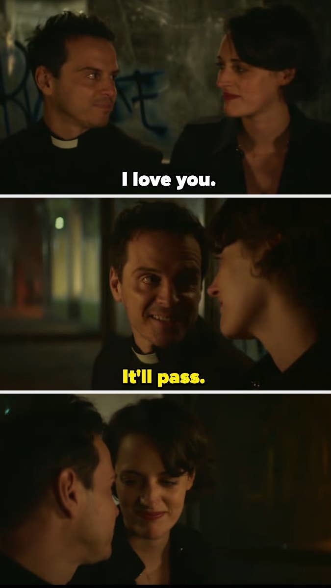 Andrew Scott and Phoebe Waller-Bridge in a three-panel scene from "Fleabag." Text reads: "I love you." "It'll pass."