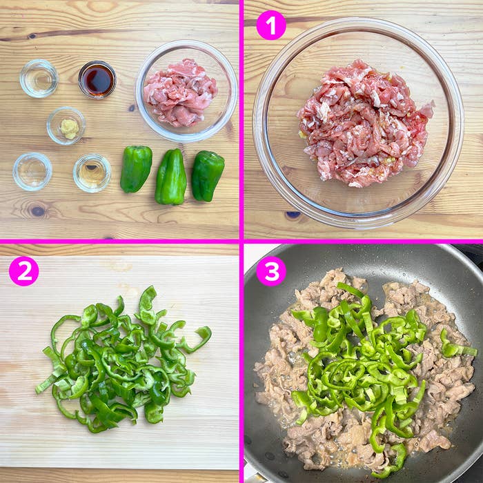 豚肉とピーマンの炒め物の手順1: 肉を調味料でマリネする。手順2: ピーマンをスライスする。手順3: ピーマンと豚肉を炒める。