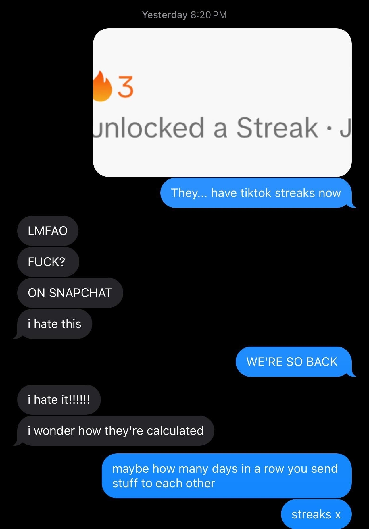 A text exchange discussing TikTok introducing streaks, similar to Snapchat streaks, with animated reactions