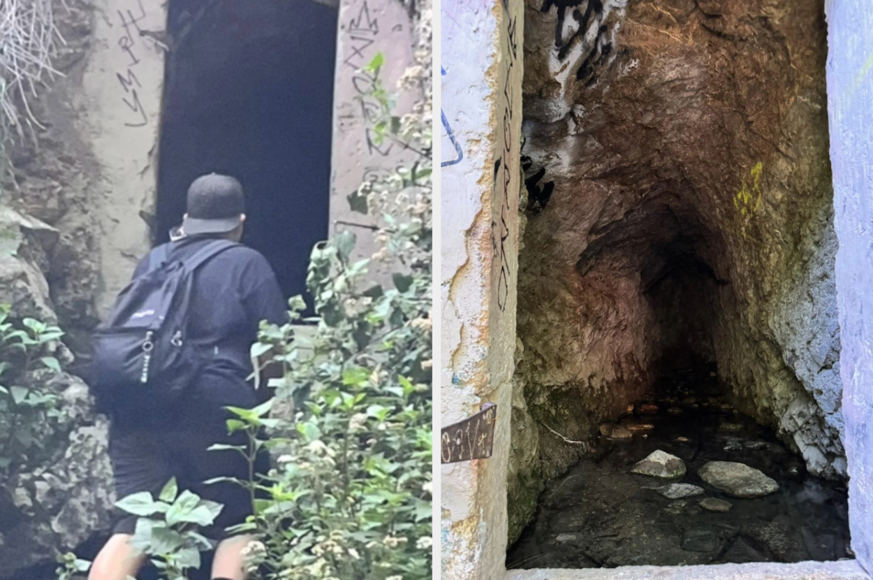 Person with a backpack exploring a graffitied, overgrown tunnel entrance; right image shows the dimly lit, rocky interior of the tunnel