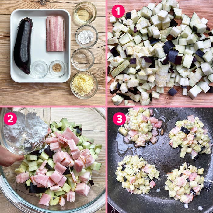 調理ステップの写真。角切りのナス、ベーコンがボウルに入れられ、フライパンで炒められる。