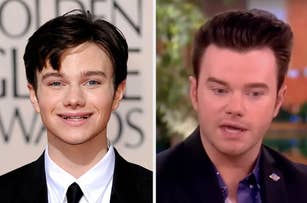 Chris Colfer at the Golden Globe Awards (left) and during a TV interview (right)