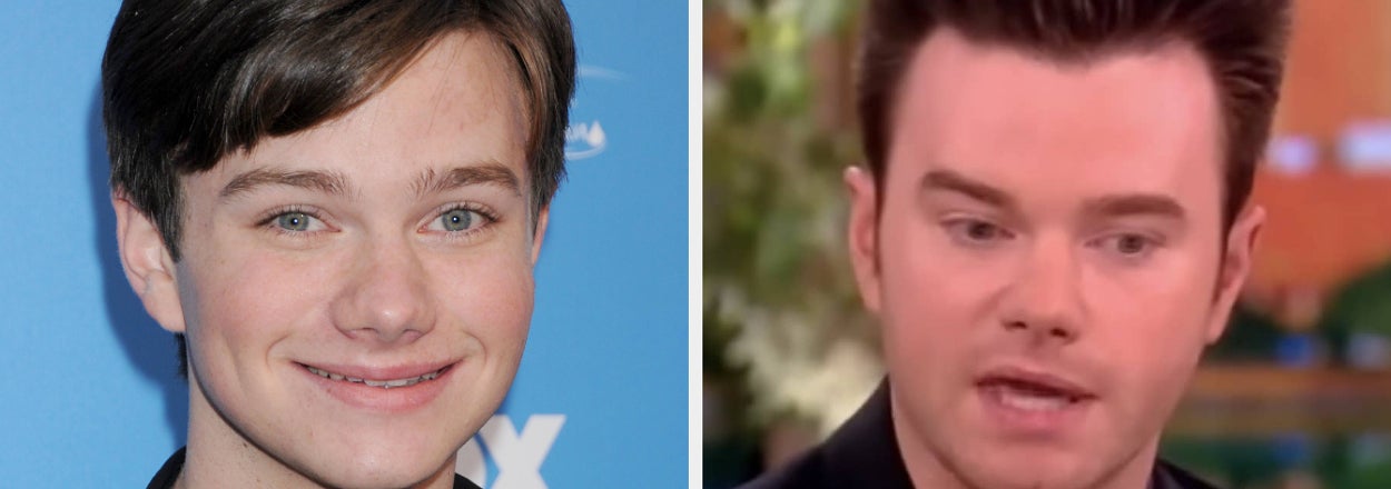 Chris Colfer in a split image: Left, smiling at an event, wearing a button-up shirt and jacket; right, speaking during an interview, wearing a patterned shirt and dark blazer