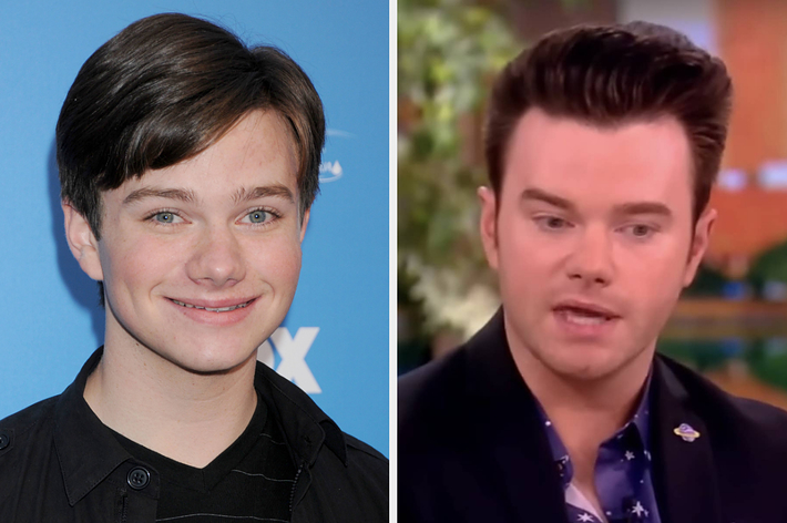 Chris Colfer in a split image: Left, smiling at an event, wearing a button-up shirt and jacket; right, speaking during an interview, wearing a patterned shirt and dark blazer