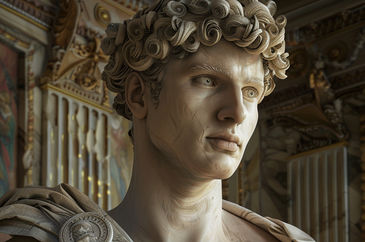 Close-up of a marble statue of a young man with detailed curly hair and draped attire, set against an ornately decorated background